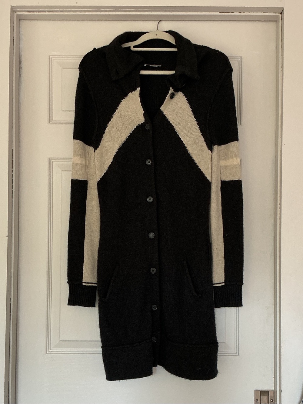 James Perse Black and Cream Long Button-Up Cardigan